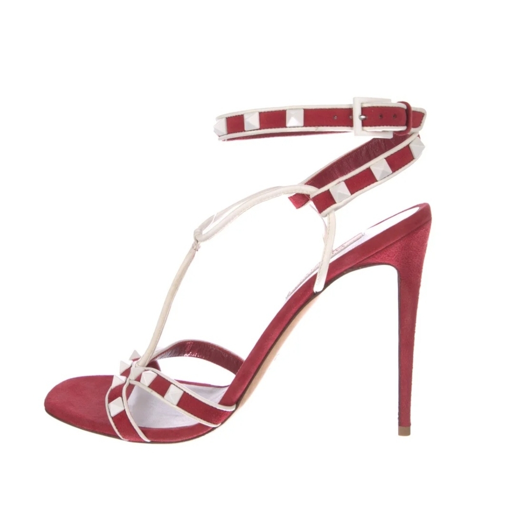 Elegant Valentino Garavani Red & White
Suede Colorblock T-Strap Stiletto Sandals